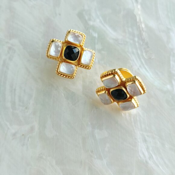 Julie Vos • Savoy Gold Clear Crystal & Black Obsidian Stud Earrings - Picture 2 of 3